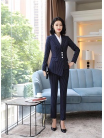 女式三粒扣條紋西裝藏藍色